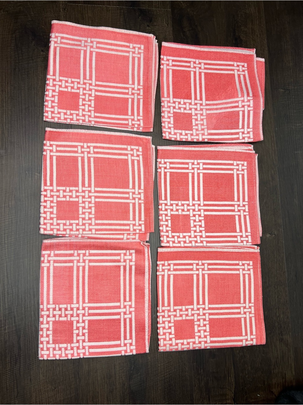 Set of Six Vintage White and Pink Patterned Napkins